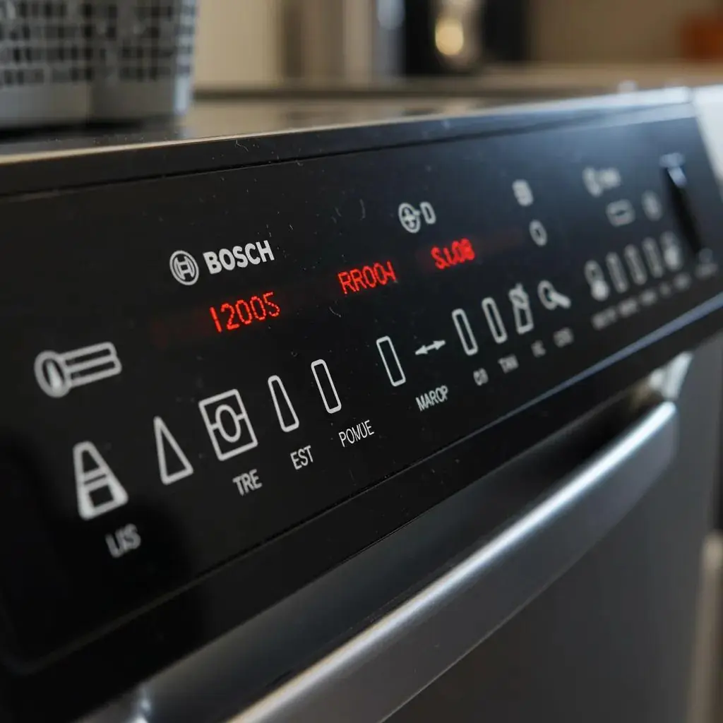 Bảng điều khiển máy rửa bát Bosch hiển thị mã lỗi E12005 và RR004, với các biểu tượng chức năng và đèn báo hiệu.