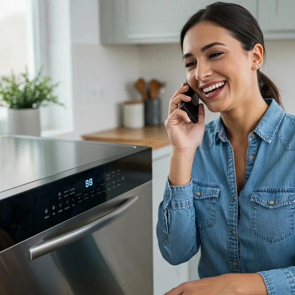 Người phụ nữ cười nói chuyện điện thoại bên cạnh máy rửa bát Bosch, chuẩn bị kích hoạt bảo hành sản phẩm.