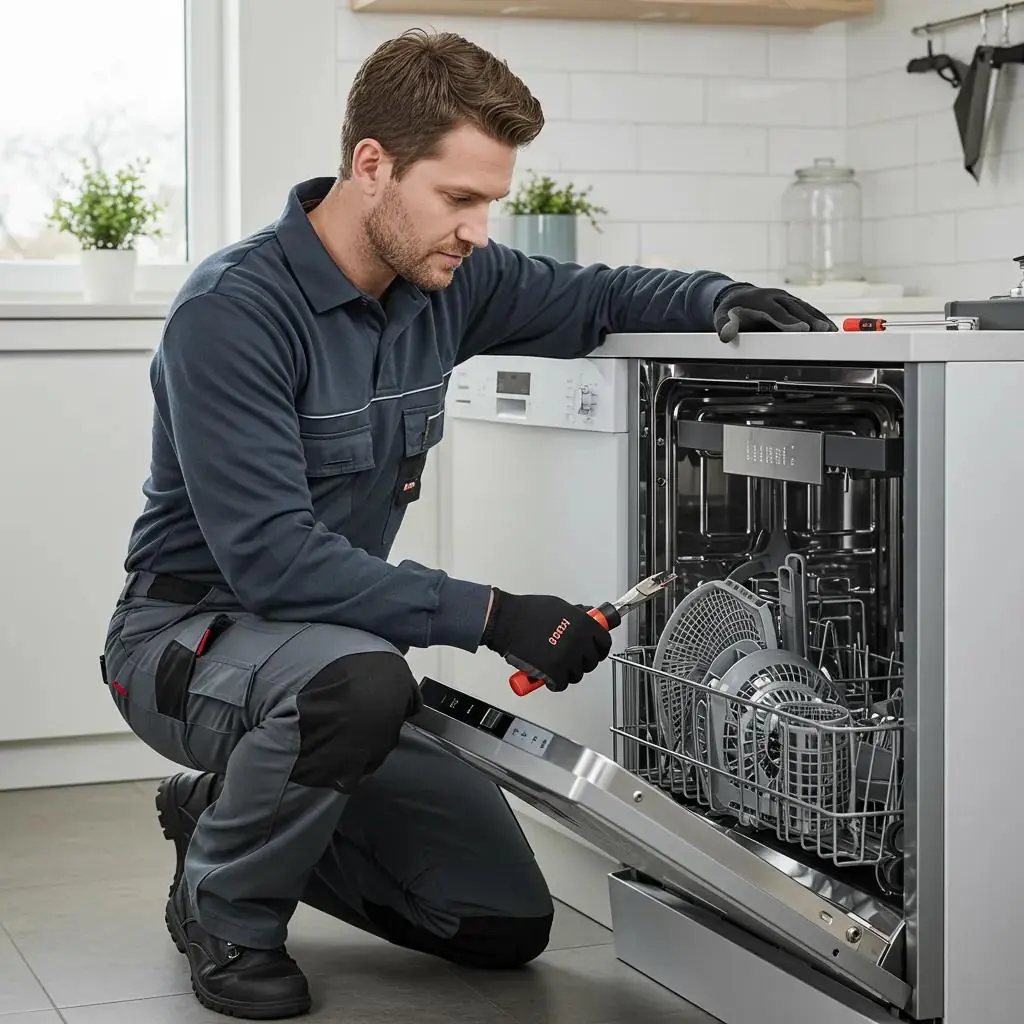 Kỹ thuật viên đang kiểm tra và bảo trì máy rửa bát Bosch trong bếp hiện đại, sử dụng công cụ để đảm bảo hoạt động hiệu quả.