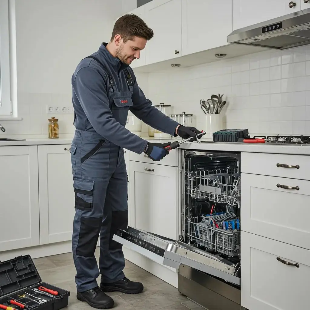 Kỹ thuật viên sửa chữa máy rửa bát Bosch tại nhà, sử dụng dụng cụ chuyên nghiệp trong bếp hiện đại.